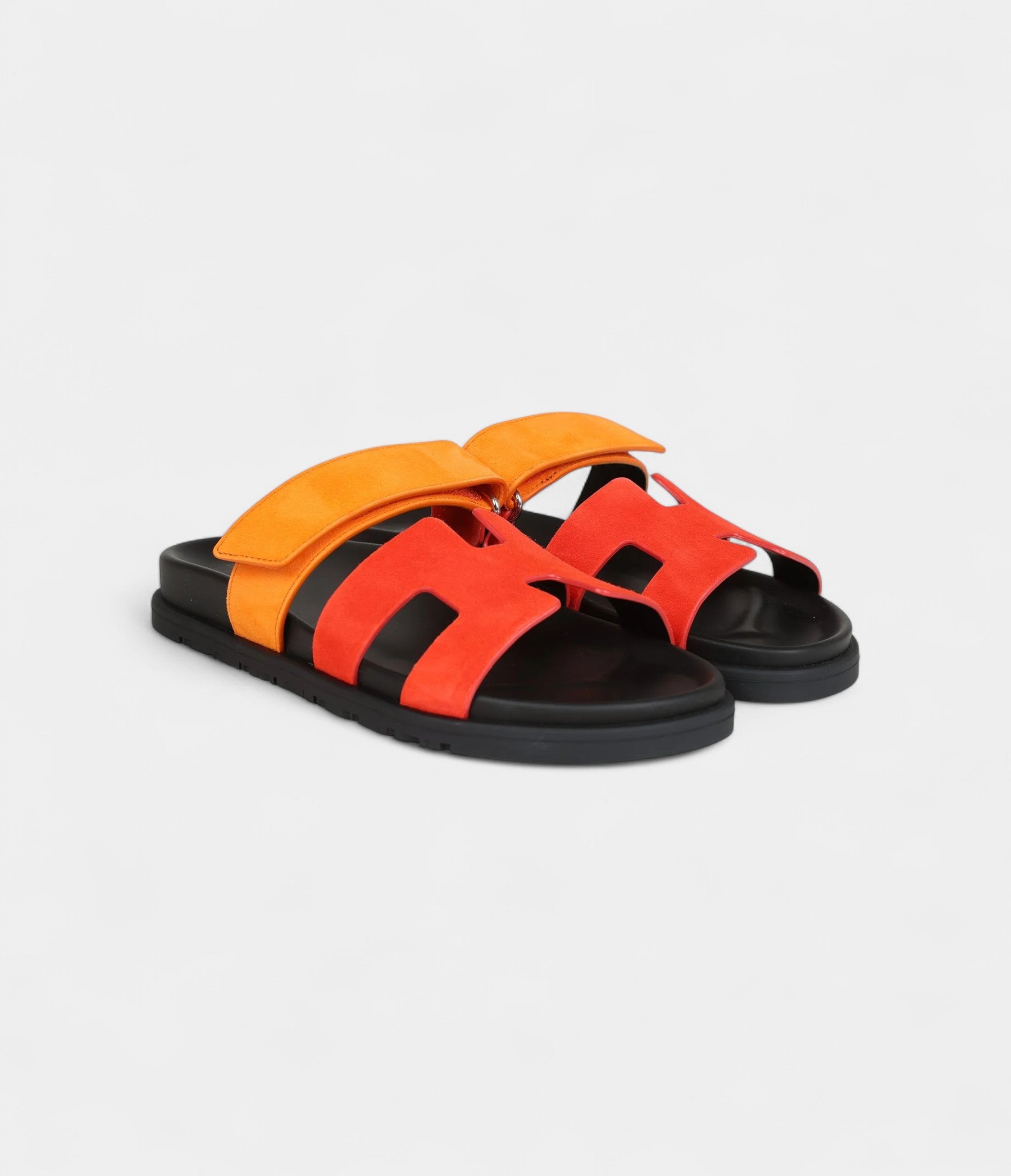 Hermès Chypre Techno Sandals Sunset/Rouge Ecarlate Suede Palladium Hardware 37 EU