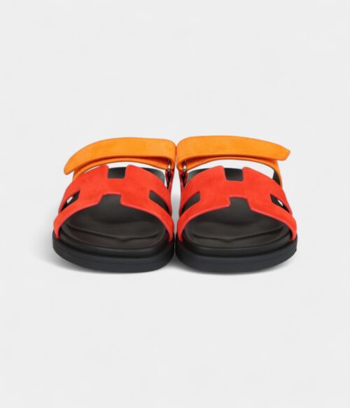 Hermès Chypre Techno Sandals Sunset/Rouge Ecarlate Suede Palladium Hardware 37 EU
