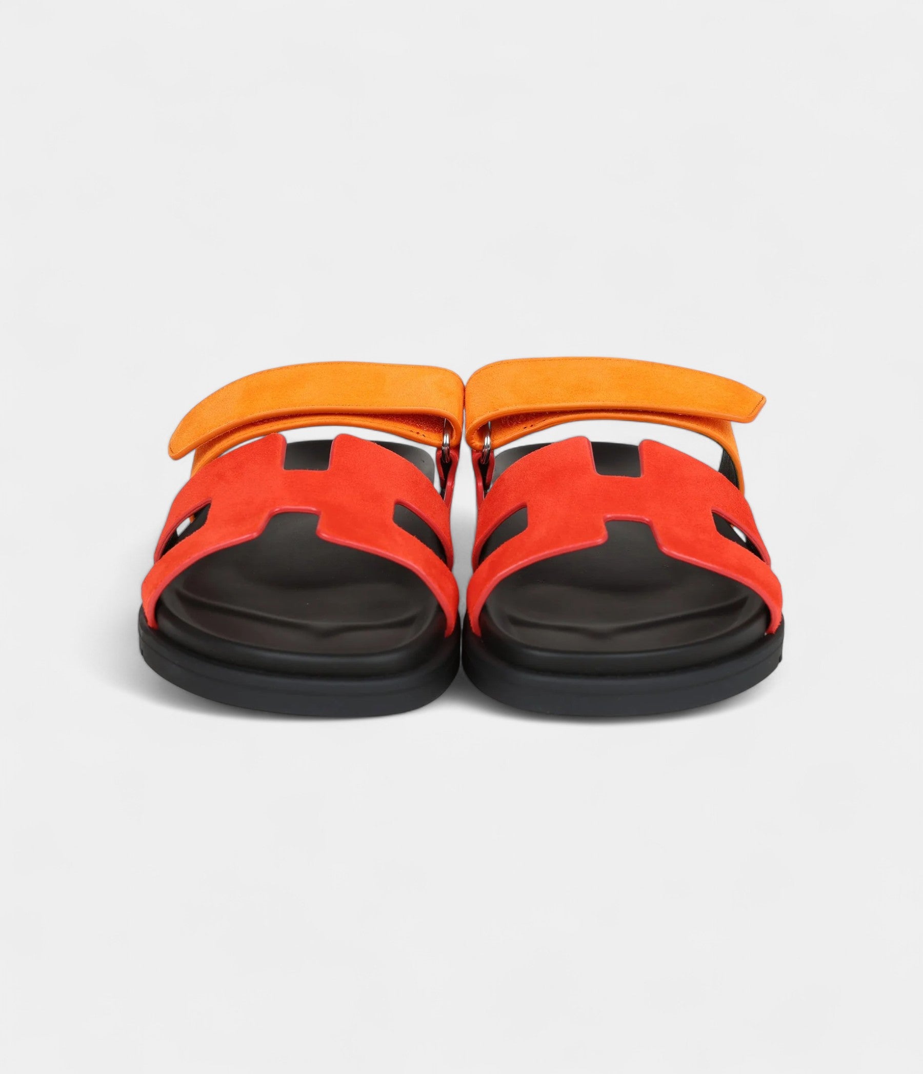 Hermès Chypre Techno Sandals Sunset/Rouge Ecarlate Suede Palladium Hardware 37 EU