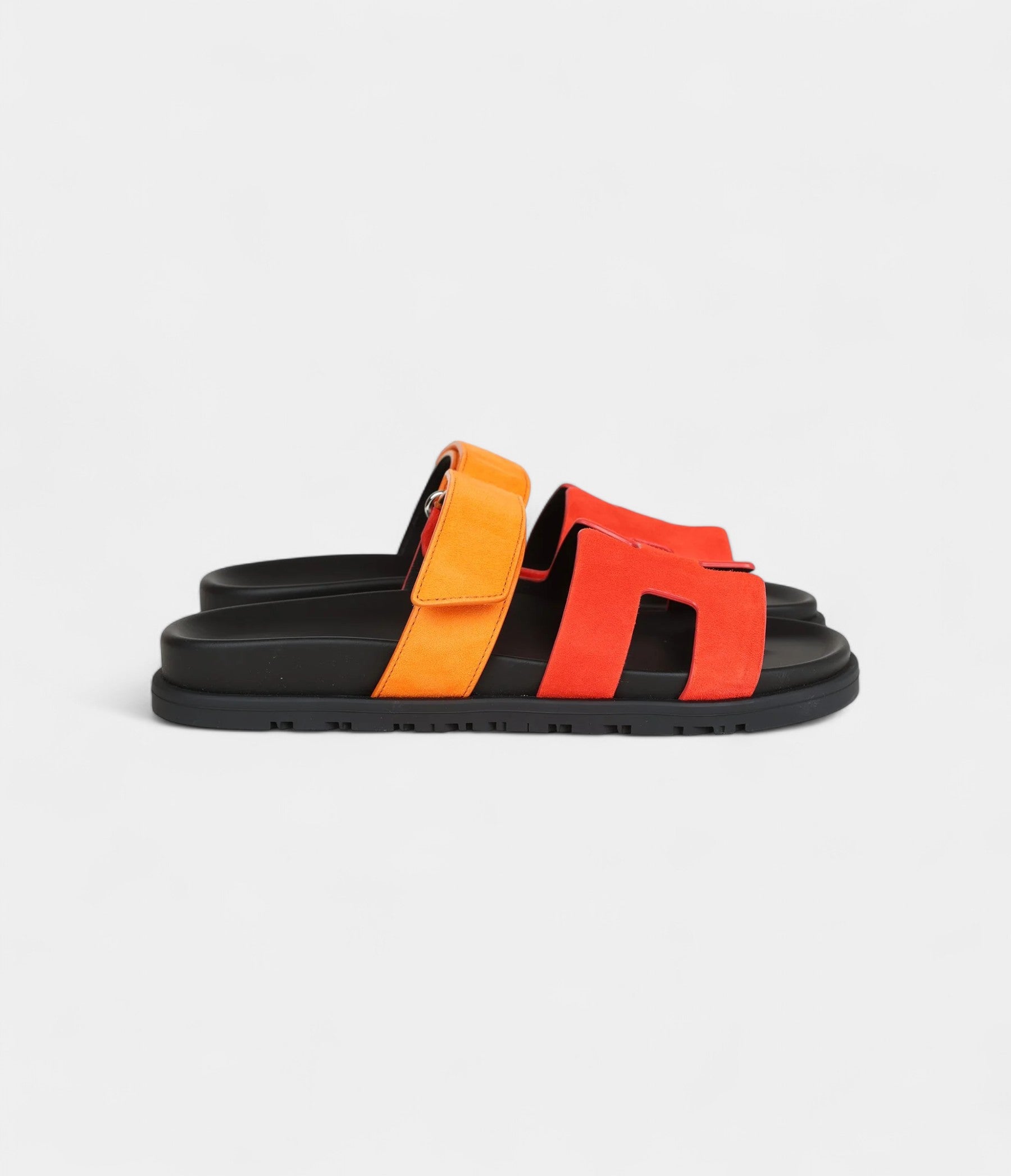 Hermès Chypre Techno Sandals Sunset/Rouge Ecarlate Suede Palladium Hardware 37 EU