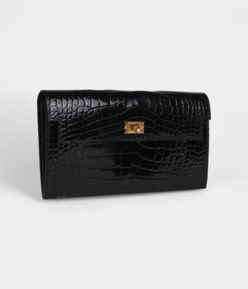 Hermès Kelly Pocket Long Wallet Black Shiny Alligator Gold Hardware