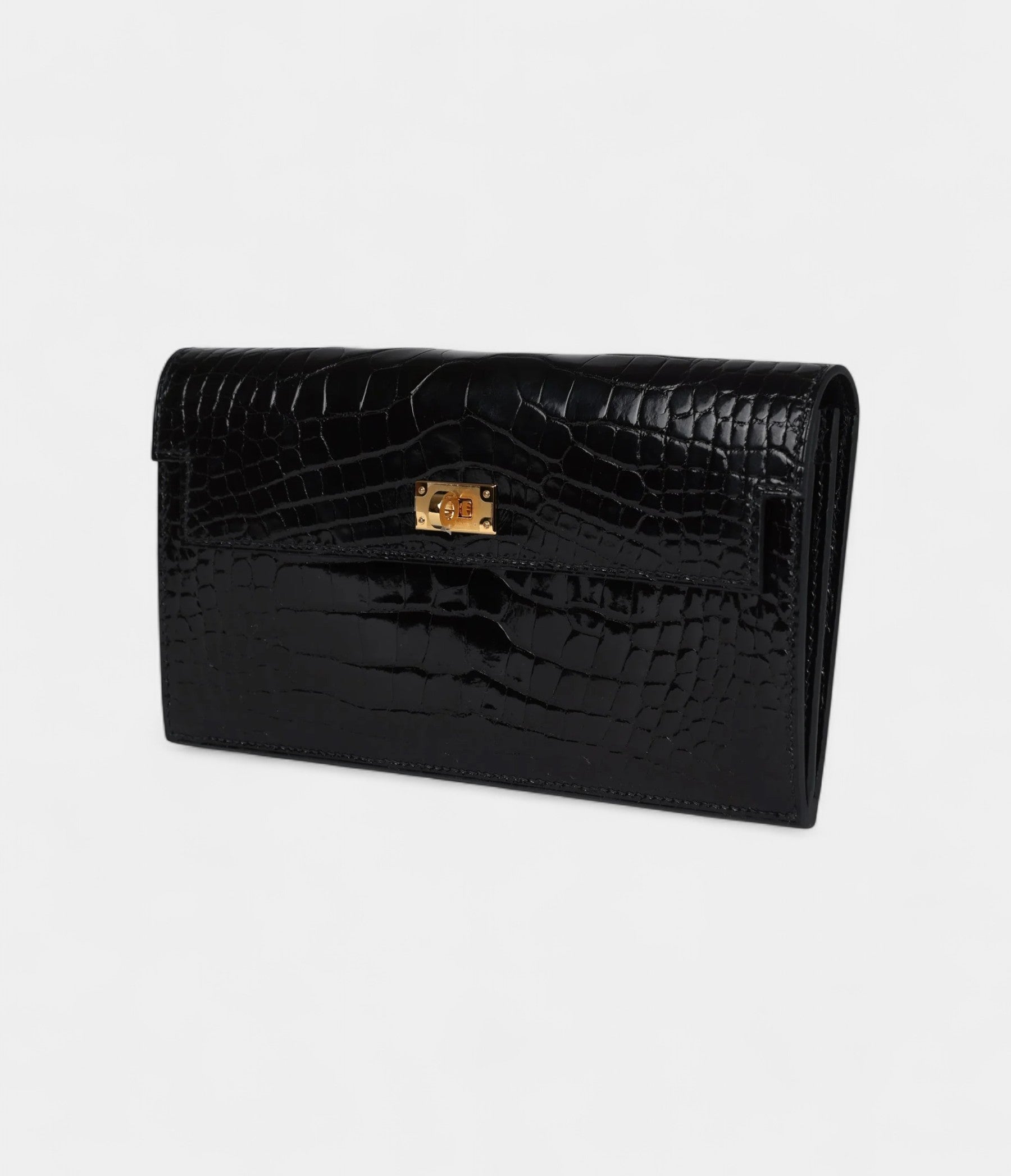 Hermès Kelly Pocket Long Wallet Black Shiny Alligator Gold Hardware