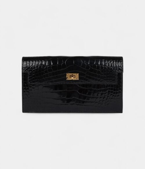 Hermès Kelly Pocket Long Wallet Black Shiny Alligator Gold Hardware
