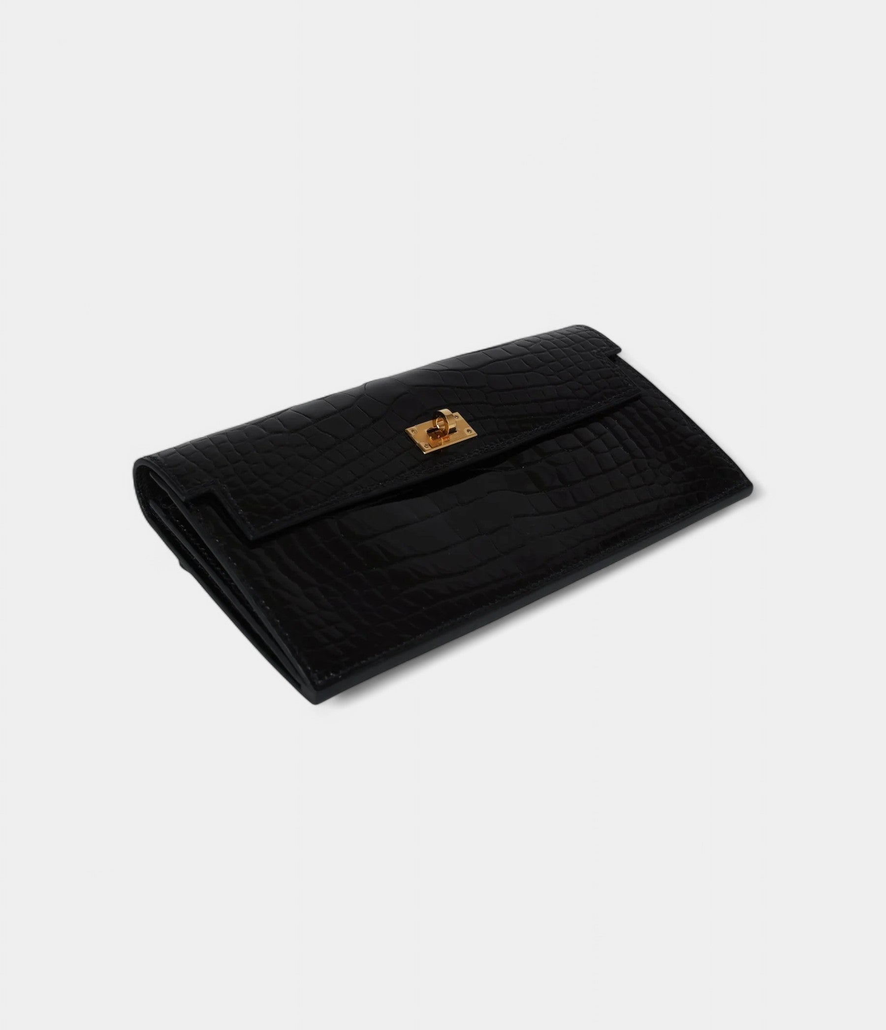 Hermès Kelly Pocket Long Wallet Black Shiny Alligator Gold Hardware