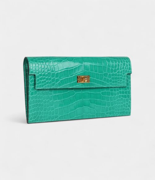 Hermès Kelly Pocket Long Wallet Vert Jade Shiny Alligator Gold Hardware
