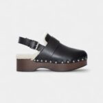 Hermès Leather Shearling-Lined Clog Mules with Adjustable Strap and Studded Wooden Sole