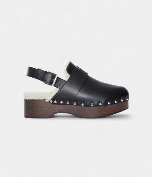 Hermès Leather Shearling-Lined Clog Mules with Adjustable Strap and Studded Wooden Sole