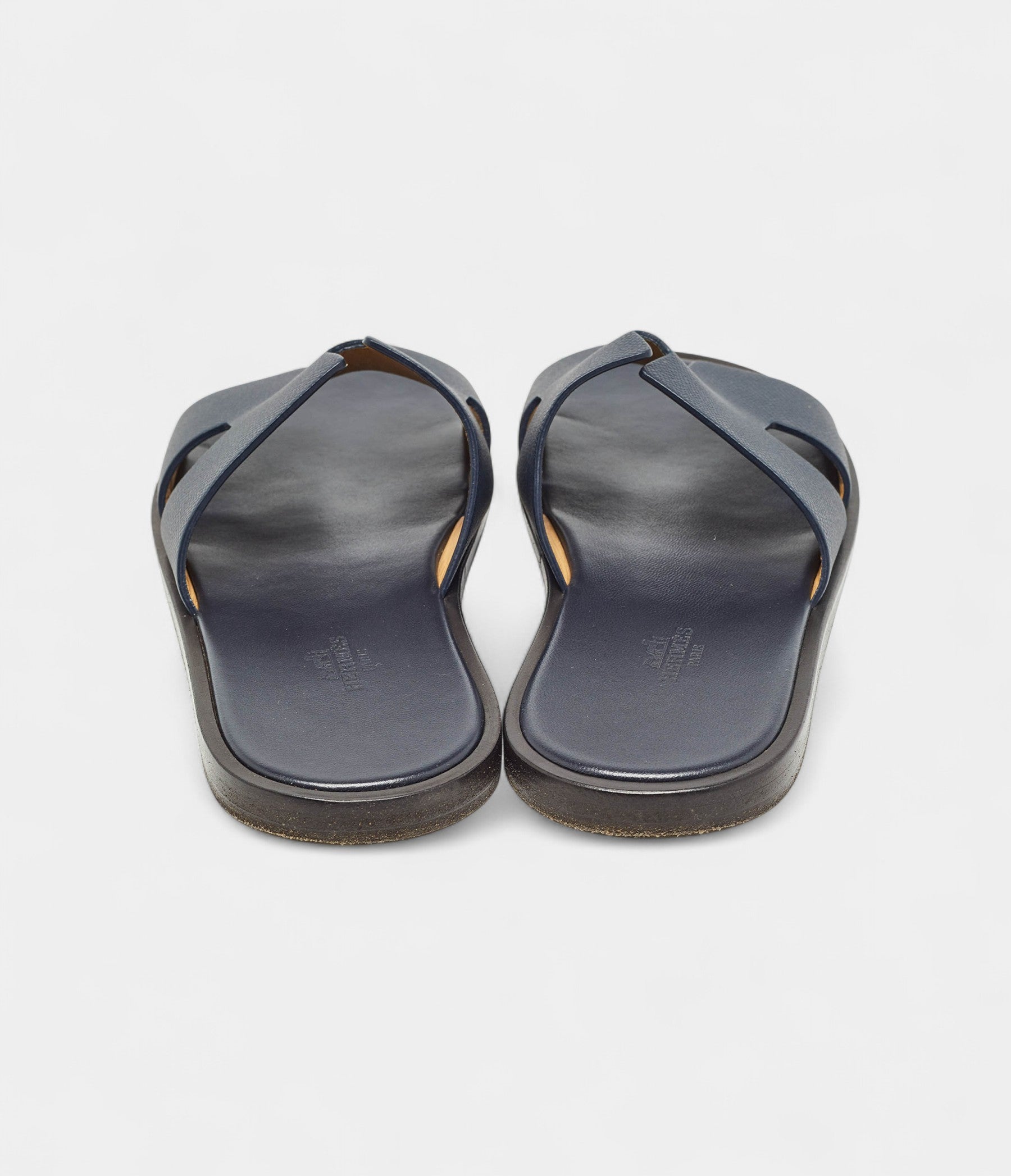HermesNavyBlueLeatherIzmirFlatSlides40EU_3.jpg Hermes Navy Blue Leather Izmir Flat Slides 40 EU