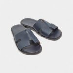 Hermes Navy Blue Leather Izmir Flat Slides 40 EU