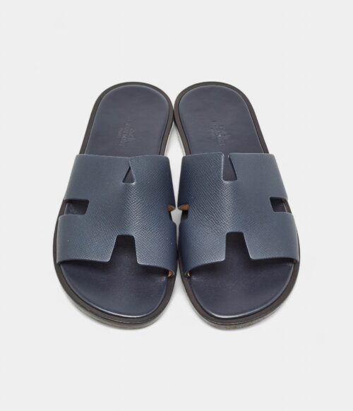 Hermes Navy Blue Leather Izmir Flat Slides 40 EU