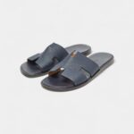 Hermes Navy Blue Leather Izmir Flat Slides 40 EU