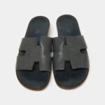 Hermes Navy Blue Leather Izmir Slides 44 EU