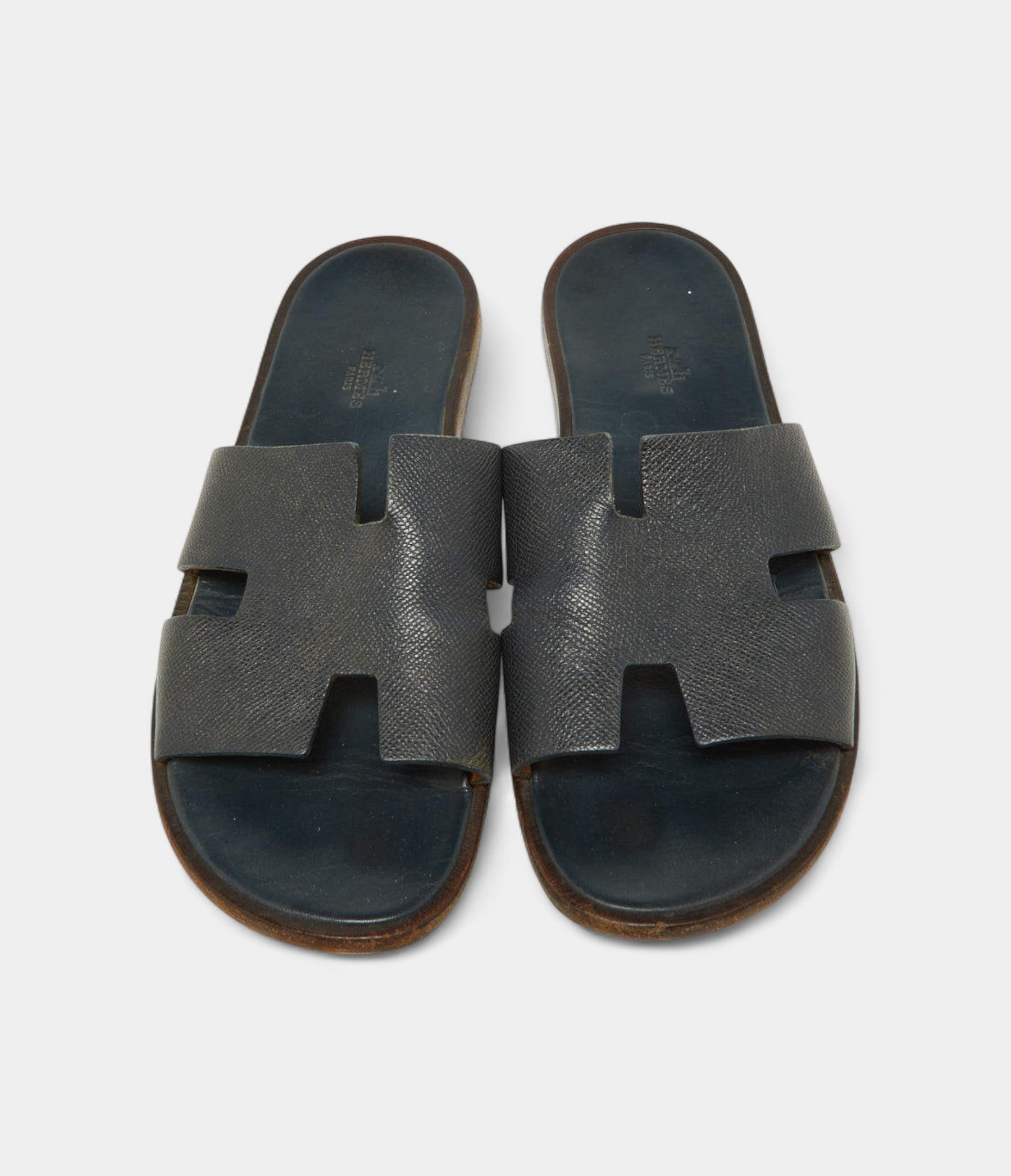 Hermes Navy Blue Leather Izmir Slides 44 EU