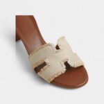 Hermès Oasis Sandals Calfskin Beige Fringed Linen Canvas Size