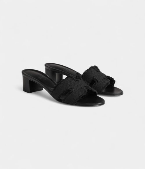 Hermès Oasis Sandals Calfskin Black Fringed Linen Canvas Size