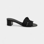 Hermès Oasis Sandals Calfskin Black Fringed Linen Canvas Size