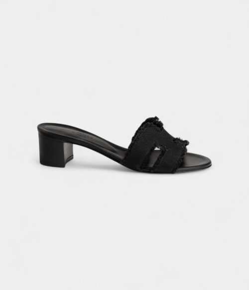 Hermès Oasis Sandals Calfskin Black Fringed Linen Canvas Size