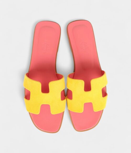 Hermès Oran Sandal Jaune Sable and Rose Azalee Suede Goatskin 37.5 EU