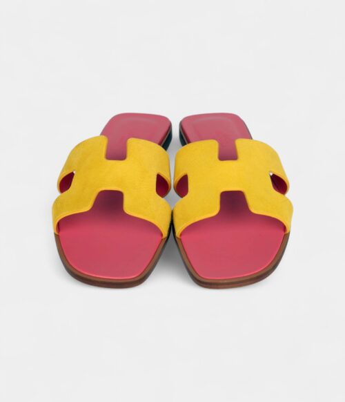 Hermès Oran Sandal Jaune Sable and Rose Azalee Suede Goatskin 37.5 EU