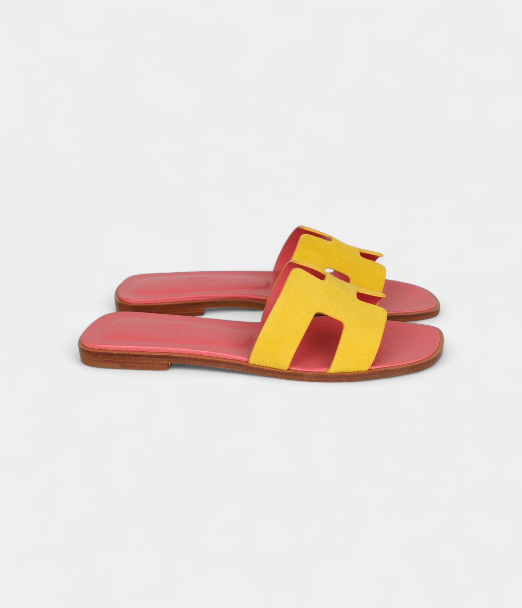 Hermès Oran Sandal Jaune Sable and Rose Azalee Suede Goatskin 37.5 EU