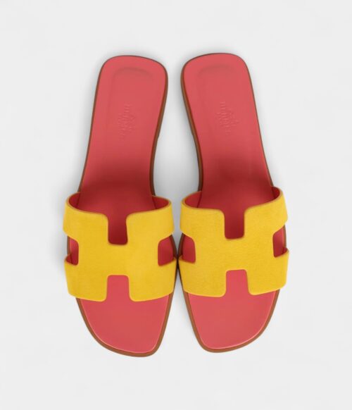 Hermès Oran Sandal Jaune Sable and Rose Azalee Suede Goatskin 38.5 EU