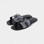 Hermès Oran Sandals Astrologie Bandana Black and White Calfskin 40 EU