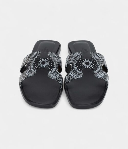 Hermès Oran Sandals Astrologie Bandana Black and White Calfskin 40 EU
