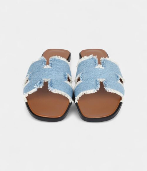 Hermès Oran Sandals Bleu Clair Denim Fringe 38.5 EU