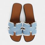 Hermès Oran Sandals Bleu Clair Denim Fringe 38.5 EU