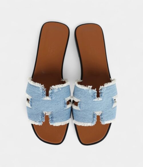 Hermès Oran Sandals Bleu Clair Denim Fringe 38.5 EU