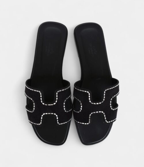 Hermès Oran Sandals Crystal Embellished Black Suede 39 EU