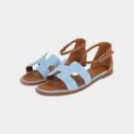 Hermès Santorini Sandals Bleu Clair and Naturel Denim Palladium Hardware 38 EU