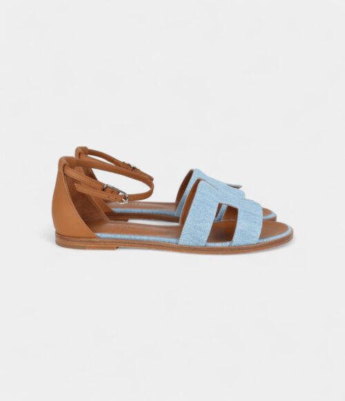 Hermès Santorini Sandals Bleu Clair and Naturel Denim Palladium Hardware 38 EU