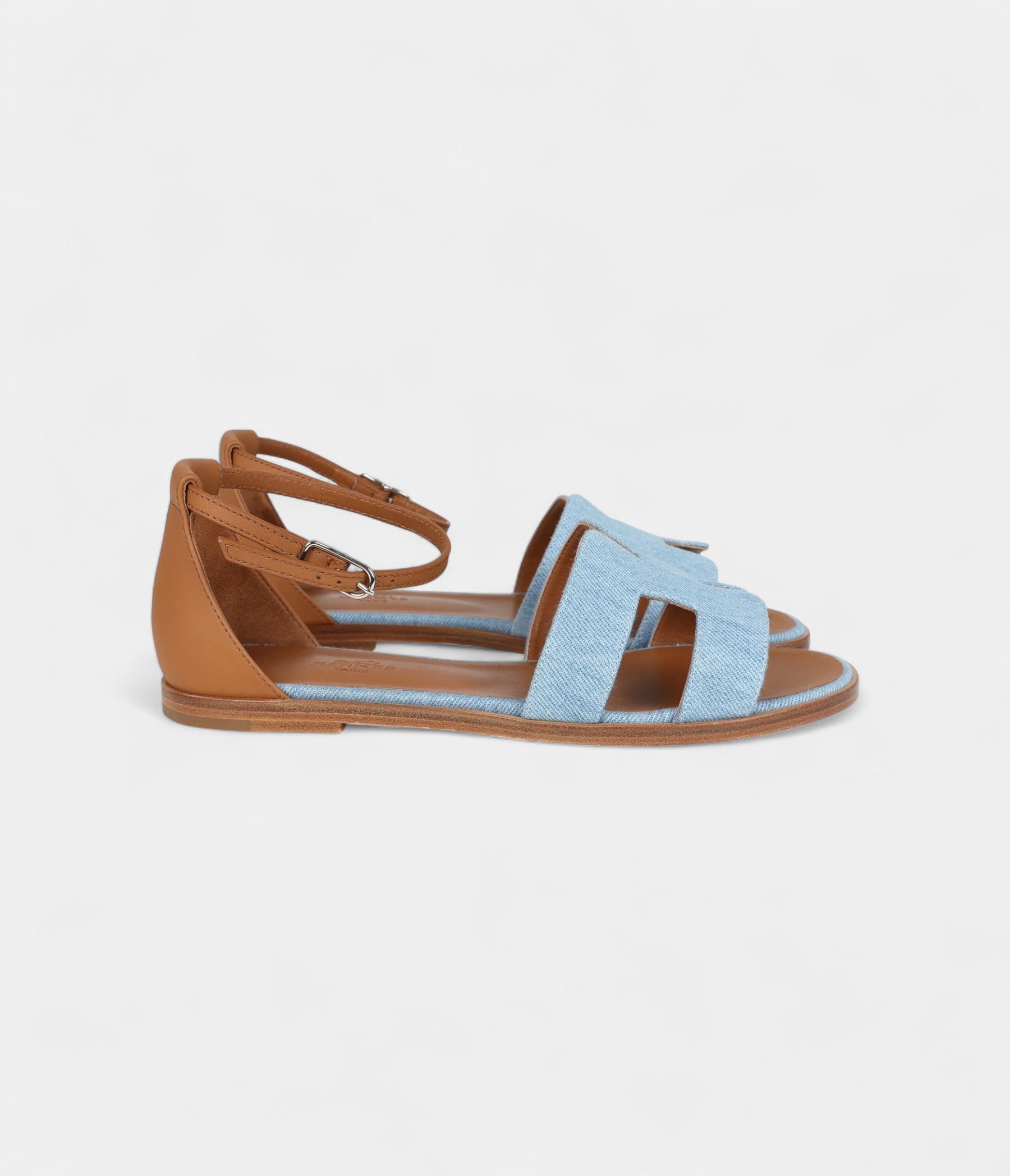 Hermès Santorini Sandals Bleu Clair and Naturel Denim Palladium Hardware 38 EU