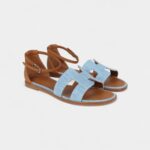 Hermès Santorini Sandals Bleu Clair and Naturel Denim Palladium Hardware 38 EU