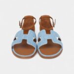 Hermès Santorini Sandals Bleu Clair and Naturel Denim Palladium Hardware 38 EU