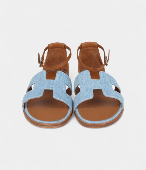 Hermès Santorini Sandals Bleu Clair and Naturel Denim Palladium Hardware 38 EU