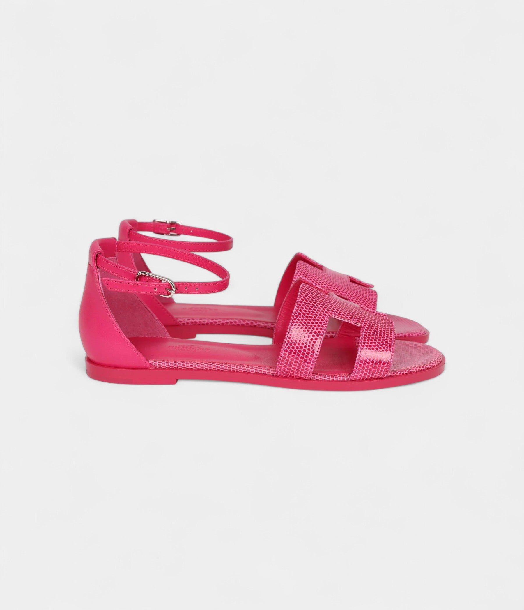 Hermès Santorini Sandals Rose Flash Lizard Palladium Hardware 36