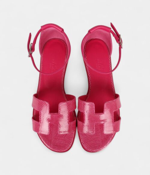 Hermès Santorini Sandals Rose Flash Lizard Palladium Hardware 36