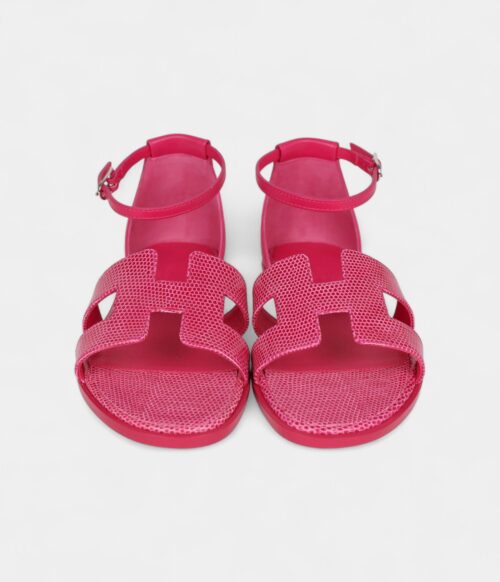 Hermès Santorini Sandals Rose Flash Lizard Palladium Hardware 37