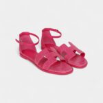 Hermès Santorini Sandals Rose Flash Lizard Palladium Hardware 37