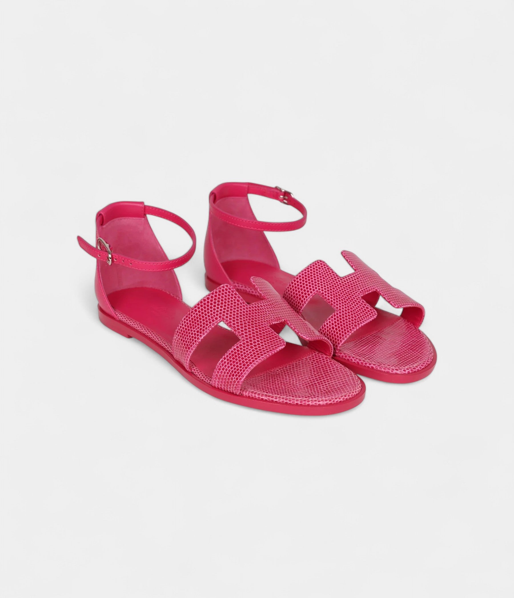 Hermès Santorini Sandals Rose Flash Lizard Palladium Hardware 37