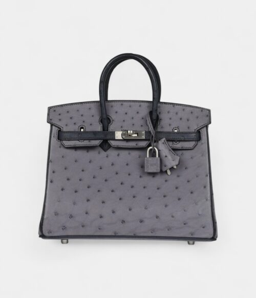 Hermès Special Order Gris Agate and Bleu Indigo Ostrich Brushed Palladium Hardware