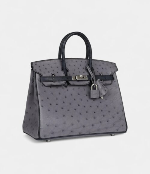 Hermès Special Order Gris Agate and Bleu Indigo Ostrich Brushed Palladium Hardware