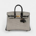 Hermès Special Order Gris Perle and Black Matte Alligator Mississippienis Brushed Gold Hardware