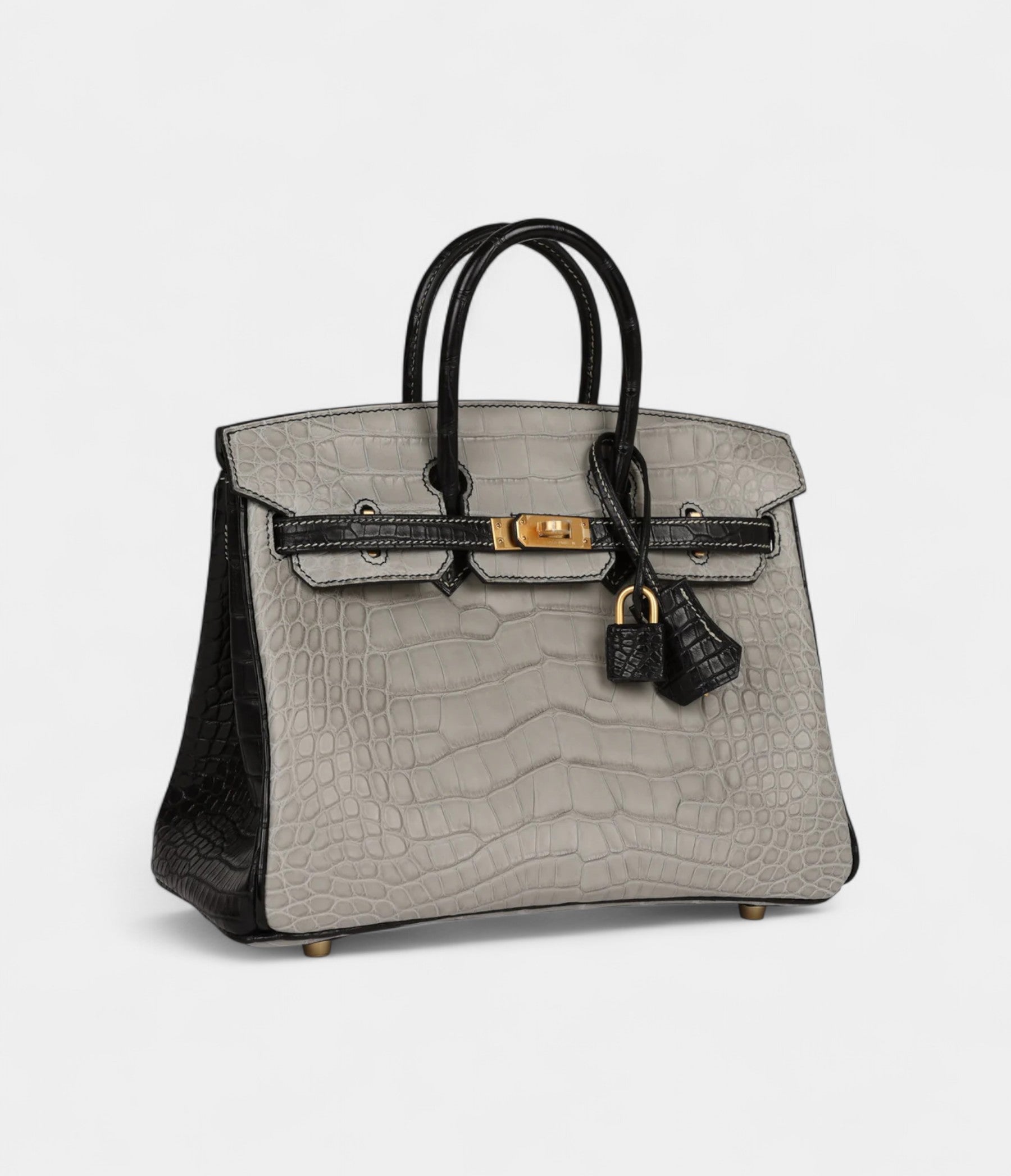 Hermès Special Order Gris Perle and Black Matte Alligator Mississippienis Brushed Gold Hardware
