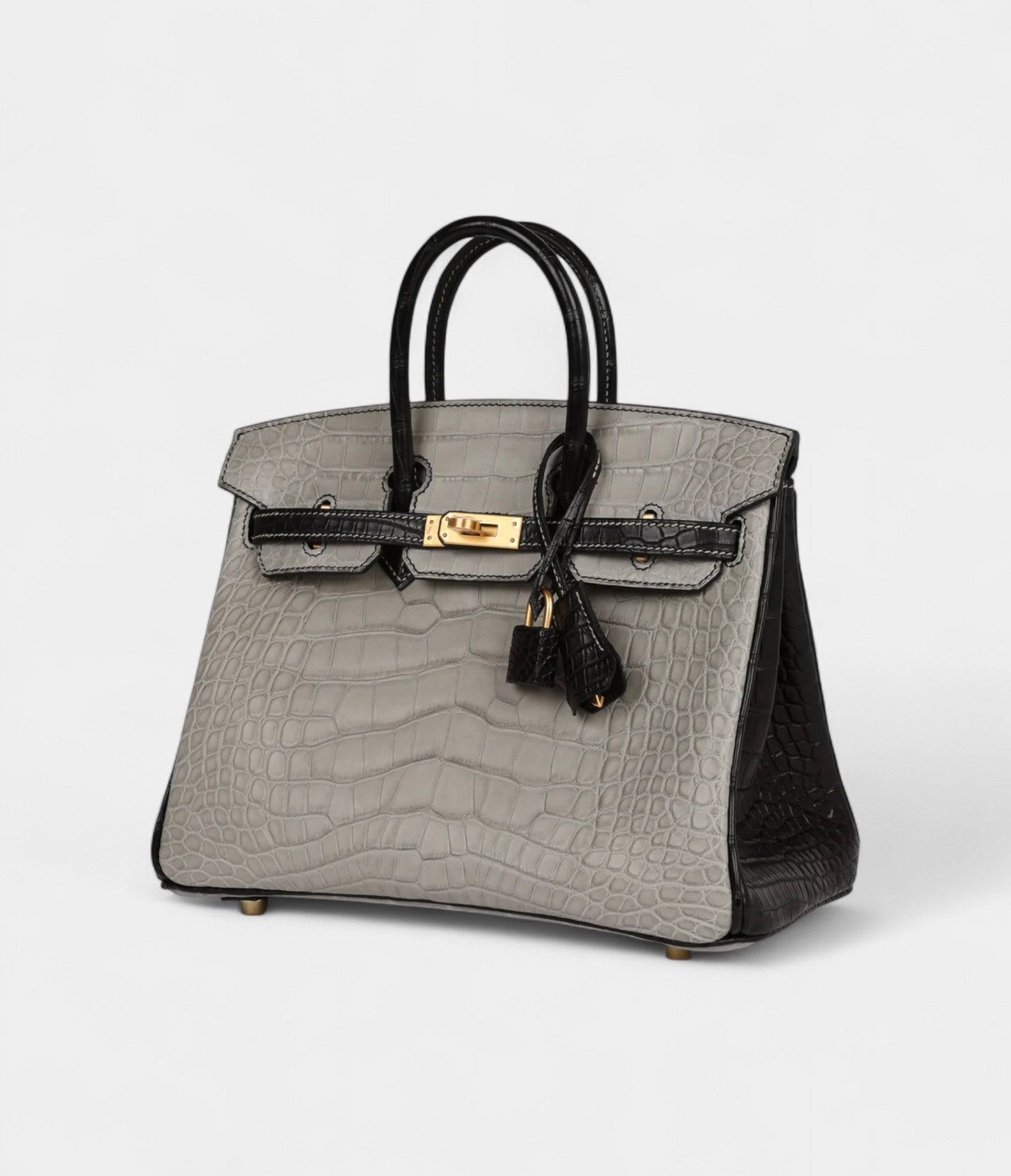 Hermès Special Order Gris Perle and Black Matte Alligator Mississippienis Brushed Gold Hardware