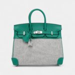 Hermès Vert Vertigo Swift and Ecru and Black Toile Verso Quadrille Birkin 25 Palladium Hardware