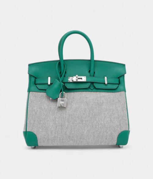 Hermès Vert Vertigo Swift and Ecru and Black Toile Verso Quadrille Birkin 25 Palladium Hardware