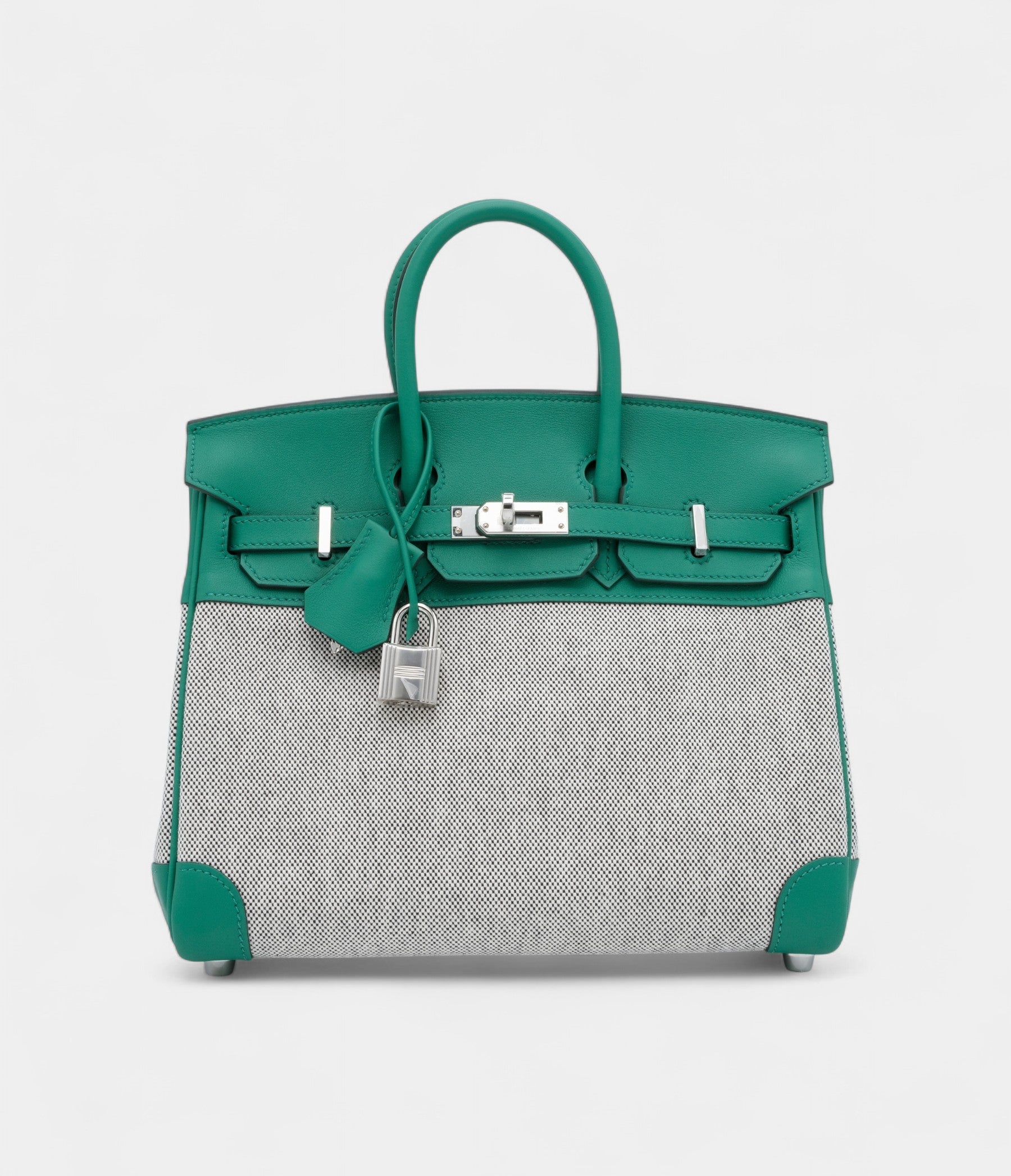 Hermès Vert Vertigo Swift and Ecru and Black Toile Verso Quadrille Birkin 25 Palladium Hardware
